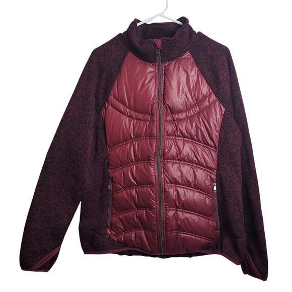 London Fog Maroon Black Knit Puffer Down Filled Thumb Hole Jacket Coat Sz Large - Picture 1 of 8